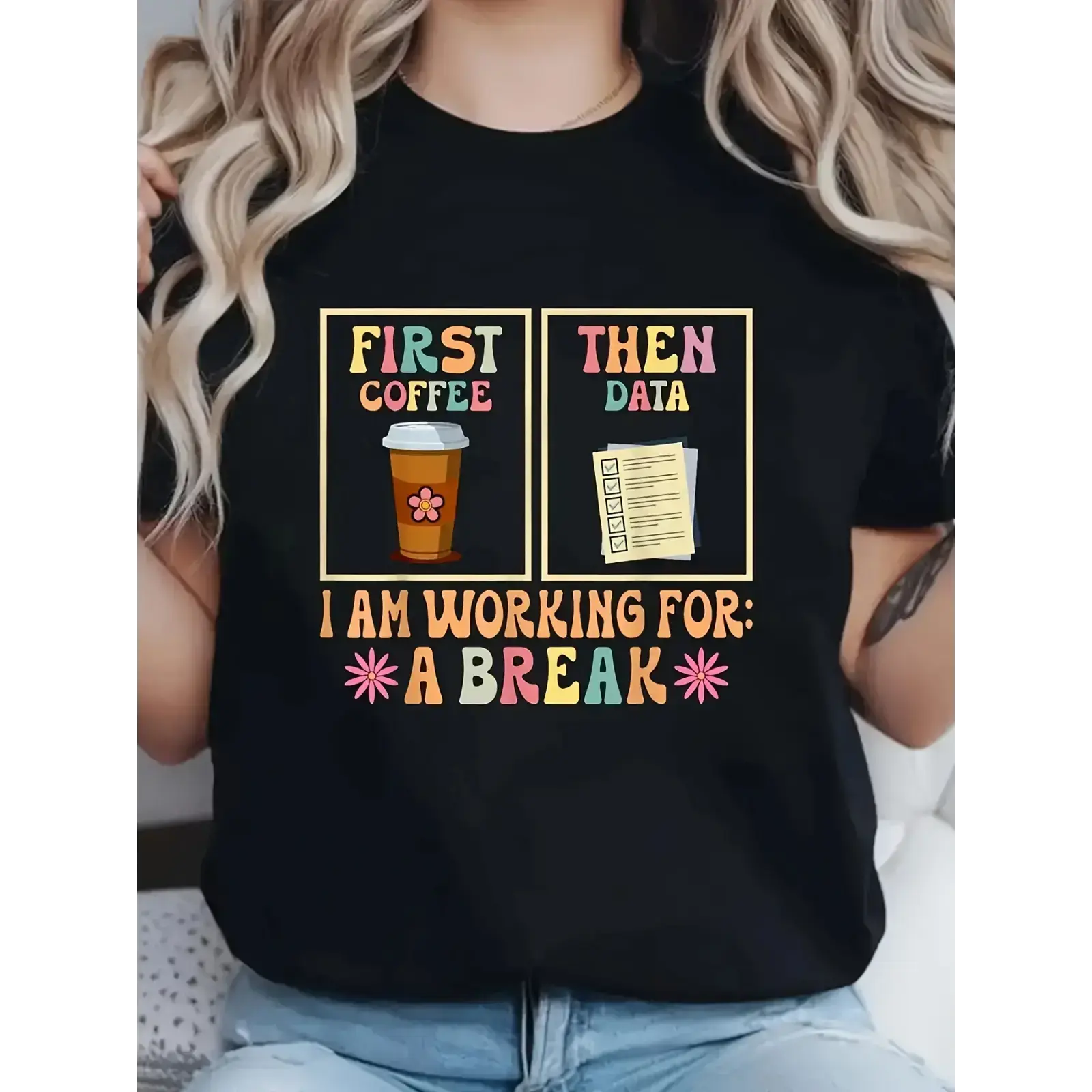 [Everyday Comfort] Women' Casual SPED Teacher T-Shirt - "Coffee First, Then Data" Graphic, Crew Neck, Short Sleeves, Summer Top, all-day comfort, vintage vibe, for pet lovers, daily wear, Flag Day, Memorial Day