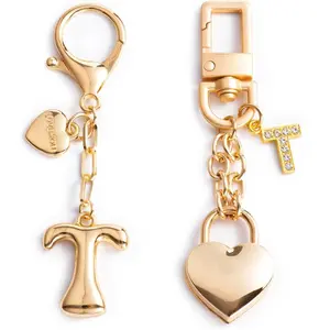 Initial Letter Keychain with Bubble Heart Charm, Gold Accessories for Handbags, Women's Purse Bag charms