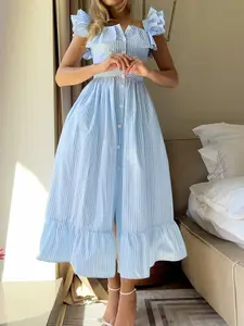 Women's Sweet Style Sleeveless Square Neck Dress, Striped Ruffle Long Dress, High Waist Slim Fit, Party & Casual Wear