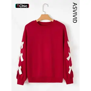 Women’s Contrast Bow Ribbon Drop-Shoulder Crewneck Pullover Sweatshirt, Valentine’s Day