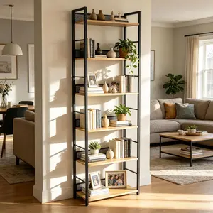 Garvee 6-Tier Tall Narrow Industrial Bookshelf – Open Metal Frame Bookcase with Natural Wood Shelves, Slim Storage Rack for Books, CDs, Plants, Decor & Collectibles – Space-Saving Display Organizer for Bedroom, Living Room, Home Office, Apartment