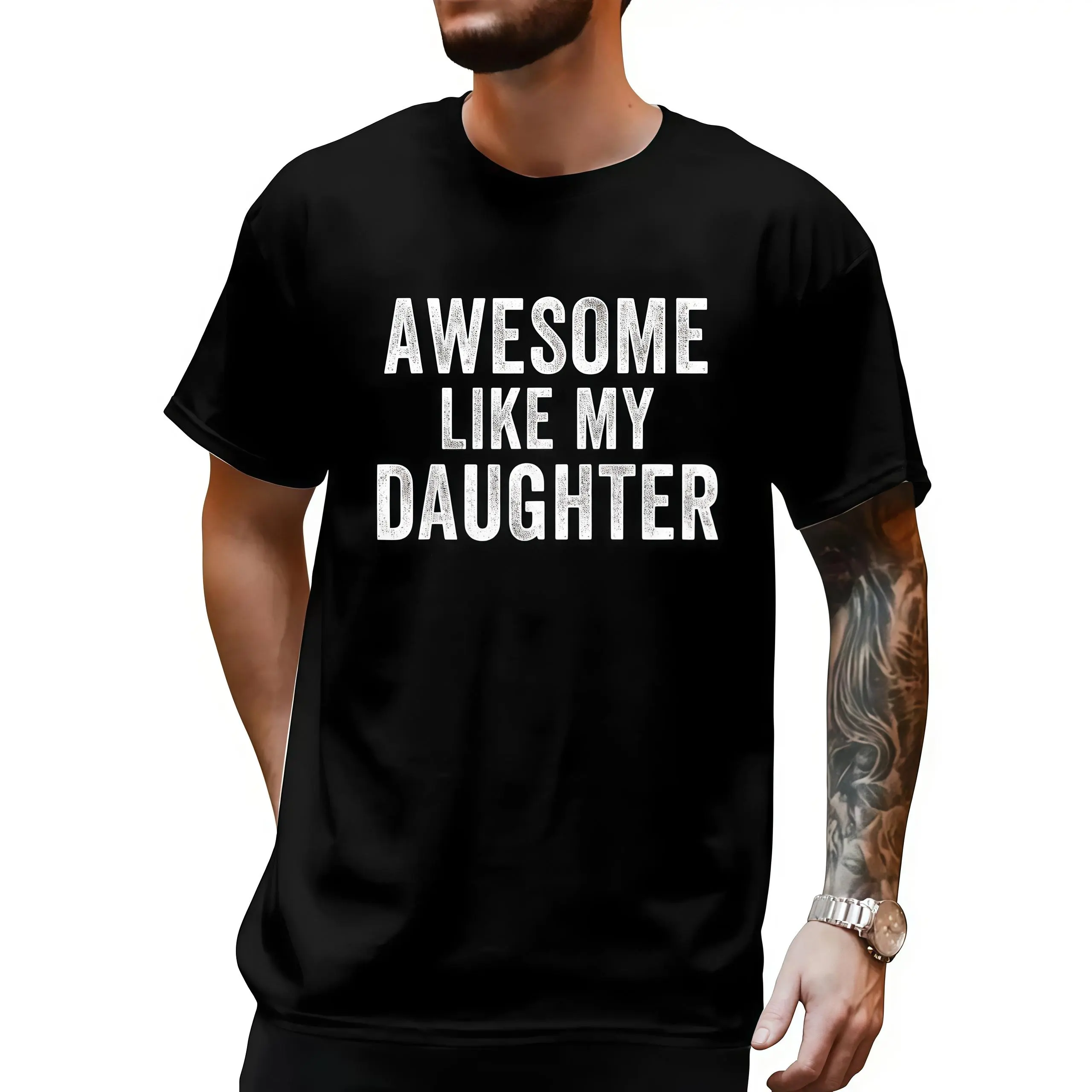 Awesome Like My Daughter Print T-Shirt,Funny Father’s Day Humor Proud Dad Tees, Men's Casual Classic Soft Breathable Cotton Crewneck Graphic Print Tee Top, Summer OOTD Streetwear Shirt& Tshirt for Menswear & Womenswear Gifts