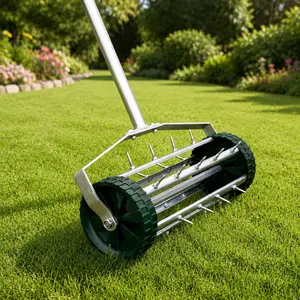 littleox Heavy Duty Rolling Lawn Aerator Rotary Push Tine Spike Soil Aerator Gardening Tool with 3 Piece Long Steel Handle for Garden Yard Grass Lawn Maintenance