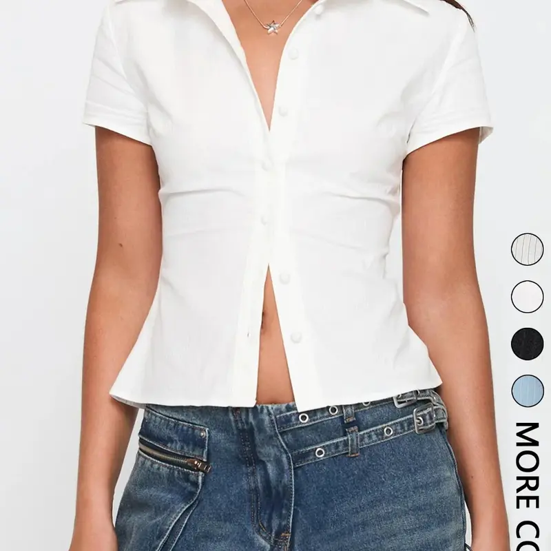 【Black Friday】Women's Button Front Collared Blouse, Casual Slim-Fit Short Sleeve Top for Summer, Ladies Clothes for Daily Wear, Womenswear