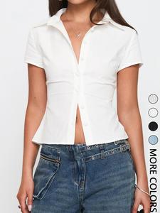 women's button collared shirt, casual slim-fitting short sleeve top for summer, ladies clothes for daily wear, womenswear, classy tops