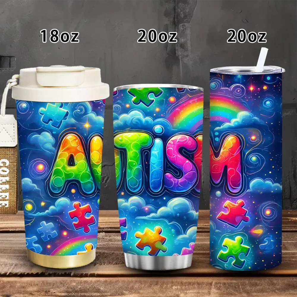 18oz/20oz Puzzle-Piece Insulated Vacuum Flask Tumbler with Lid+Straw, Portable Rainbow Autism Awareness Kitchenware, Women’s Winter Travel Coffee Cup, Gift Idea for Valentine’s Day/Birthdays