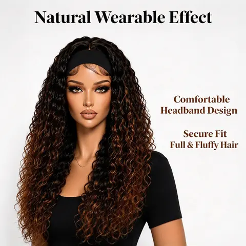 26 Inch Brown Ombre Deep Curly Synthetic Headband Wig for Women Glueless Wear and Go Full Volume Natural Looking for Daily Party