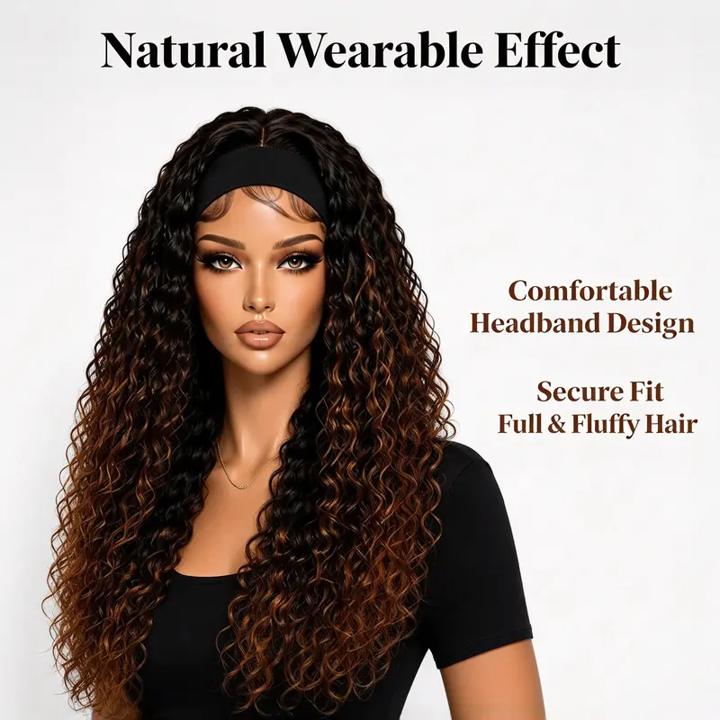 26 Inch Brown Ombre Deep Curly Synthetic Headband Wig for Women Glueless Wear and Go Full Volume Natural Looking for Daily Party