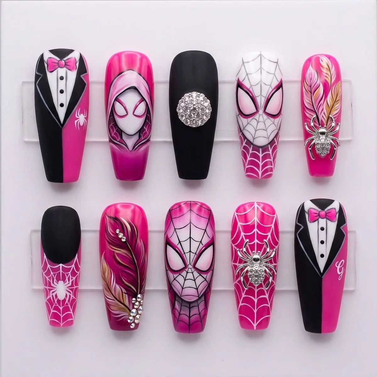 Pink Spider Web Hero Inspired Press On Nails, Handmade 3D Comic Style False Nail Set, Spider-Gwen Pink Press On Nails, Handmade Coffin Fake Nails with Spider Web Pattern