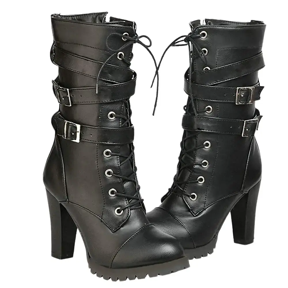 High Heel Boots for Women,Womens Platform Boot Heels Sexy Round Toe Lace UP High Heels Mid Calf Boots