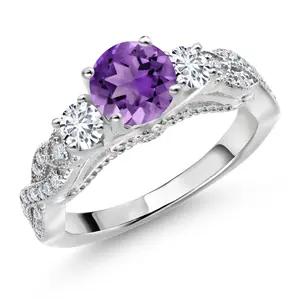 Gem Stone King 1.47 Cttw Purple Amethyst White Lab Grown Diamond and White Moissanite Engagement Ring For Women | 925 Sterling Silver | Round 6MM and 3MM | Available In Size 5, 6, 7, 8, 9