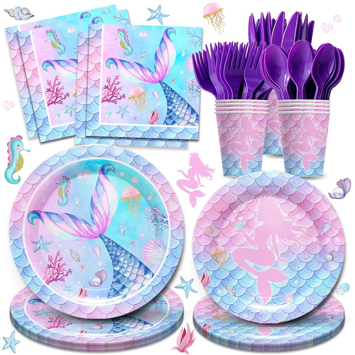 168pcs Mermaid Party Decorations, Mermaid Birthday Party Supplies For Girls, Equipped With  Mermaid Plates, Napkins, Cups, And Knives, Forks, Spoons, Suitable For Baby Shower Decorations，Serves 24