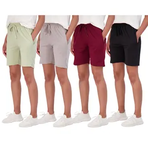 Real Essentials 4 Pack: Women's 7" Bermuda Long High Waisted Shorts with Pockets - Workout Athletic (Available in Plus)