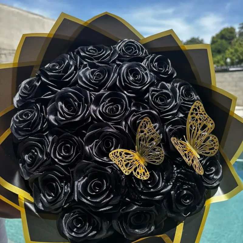 Elegant Black Rose Bouquet with Golden Butterflies in Luxurious Gold and Black Wrapping Paper Perfect for Special Occasions