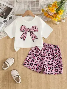 Girls' Bow Print Design Short Sleeve Top & Leopard Shorts Set, Casual Summer, Outdoor Sports, Fitted All Seasons Clothing