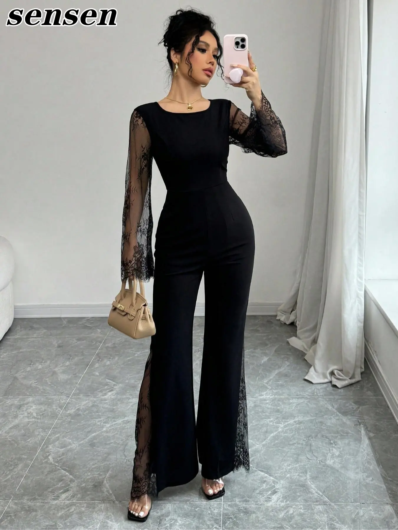 Lace Patchwork Jumpsuit, Long Sleeve Waist Cinching Slim Fit Bell Bottoms, Vintage Sexy Party, All Seasons Fashion, Womenswear