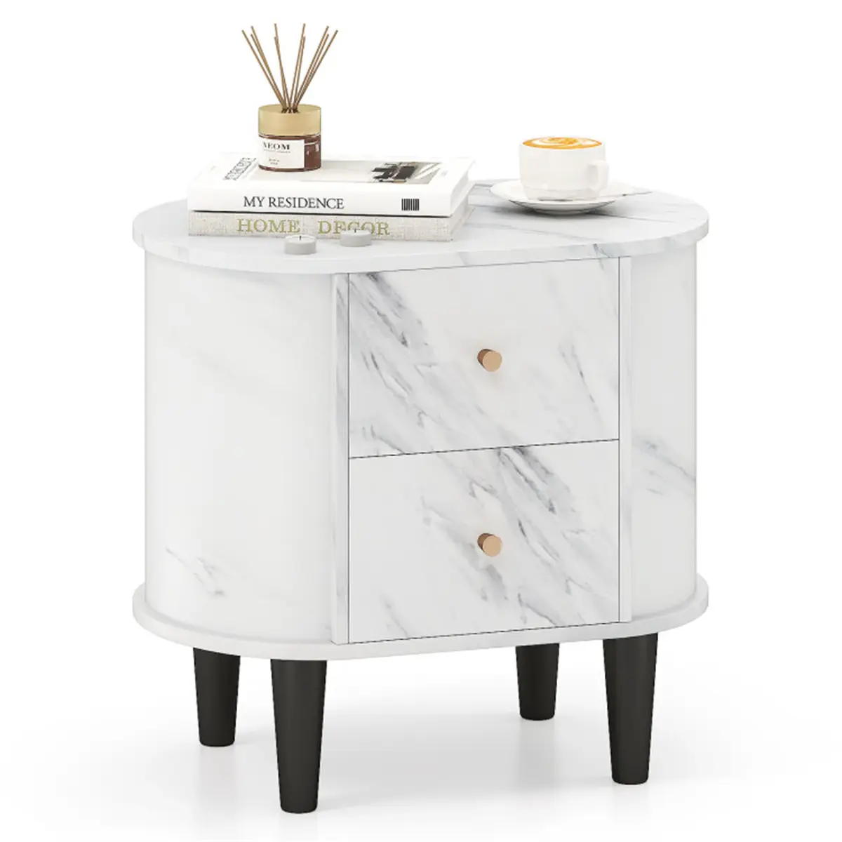 High-End Plastic Nightstand with Faux Marble Finish, 23.5"x16"x22" Slide-Out Drawers (Up to 3.9 in Glide), 44 lbs Bedside Side Table for Bedrooms, Indoor Furniture