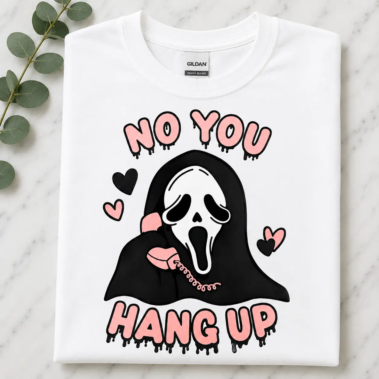 Men's Knit Spooky Ghostface 'No You Hang Up' Graphic Print Tee, Heavyweight Vintage Soft Garment-Dyed Cotton Menswear T-Shirt, Relaxed-Fit Short-Sleeve Crew Neck Streetwear Casual Top
