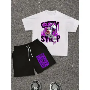 S&H  Summer Shorts Short Sleeve Set, Cough Syrup Print Street Style Two-Piece Outfit, Men's T-Shirt and Pocket Drawstring Shorts Set, Quick-Dry Sports Set, Comfortable and Breathable, Streetwear Y2K