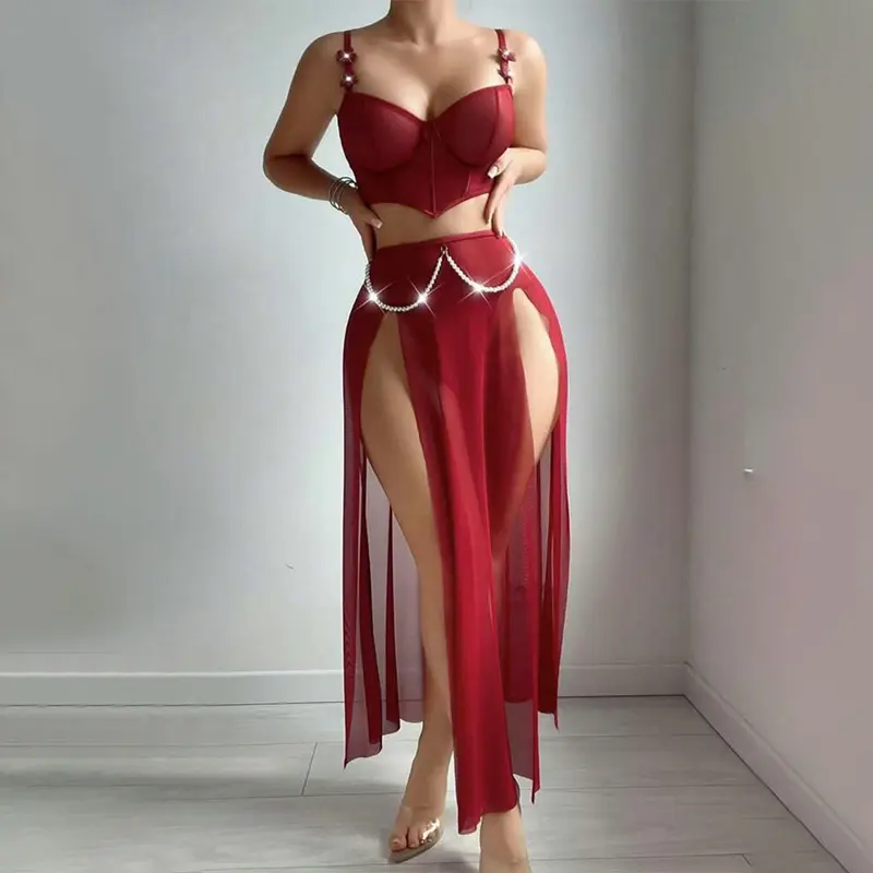 Women's Chic 2-Piece Red Mesh Lingerie Set - Fitted Push-Up Bra with Pearl Chain Accent, Adjustable Straps, Backless Soft Fabric, Normal Type All-Seasons Traditional Underwear