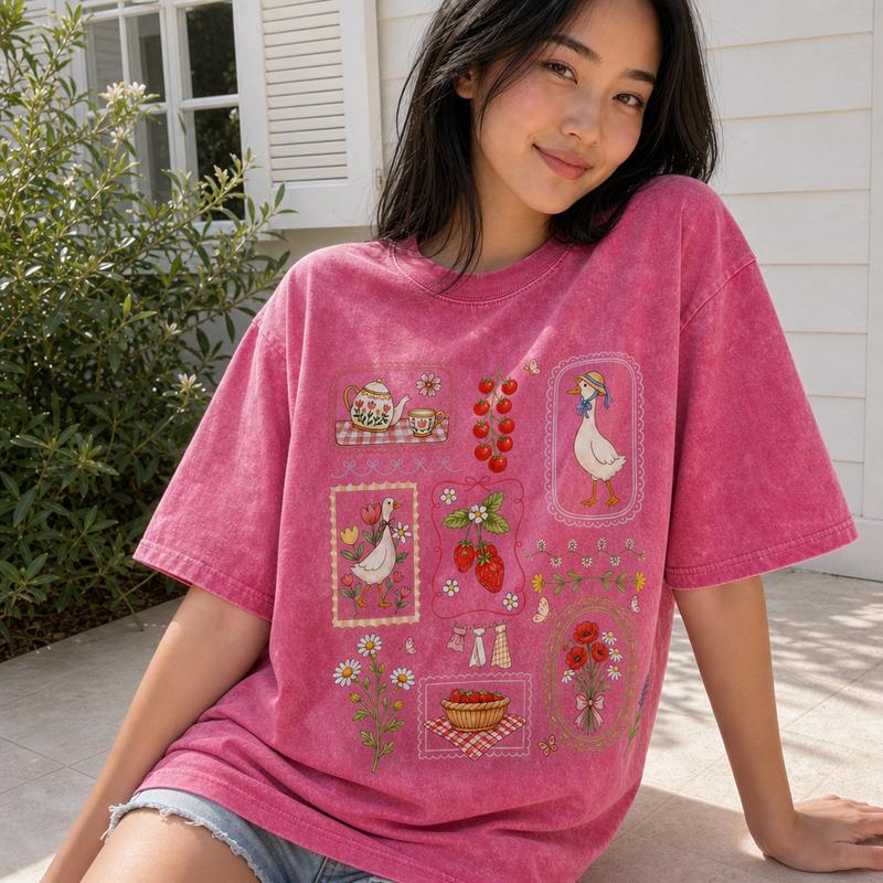 Cottagecore Goose Strawberry Graphic Tee Women Soft Washed Cotton Country Picnic Frame Collage Shirt S-5XL