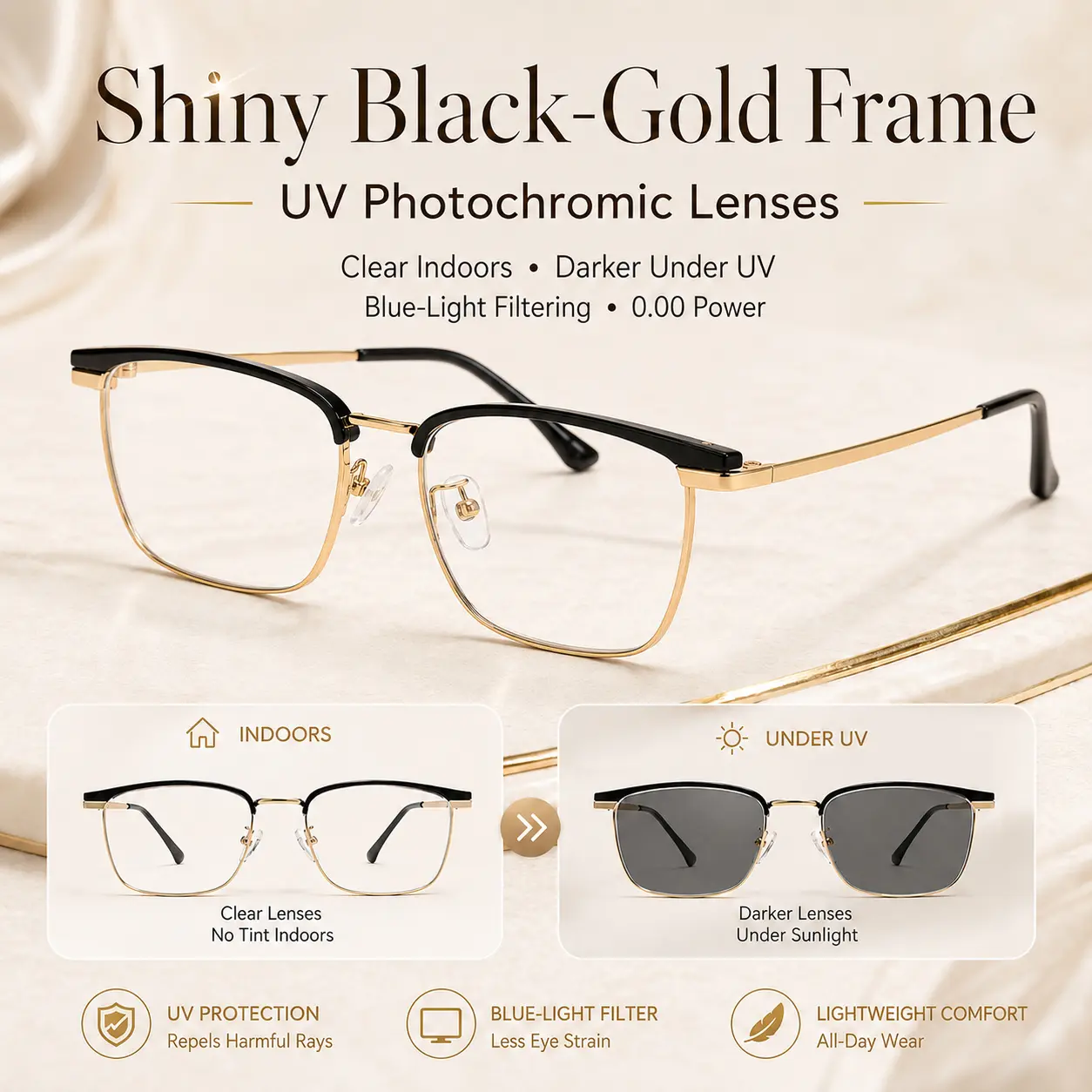 UV-Sensitive Photochromic Glasses for Men and Women, Blue Light Filter Clear Lenses, Full Rim Metal Temple Non-Prescription Eyeglasses with Case, Square Frame Eyewear, Optical Eyewear, High-Quality Plano Lenses, Black Gold