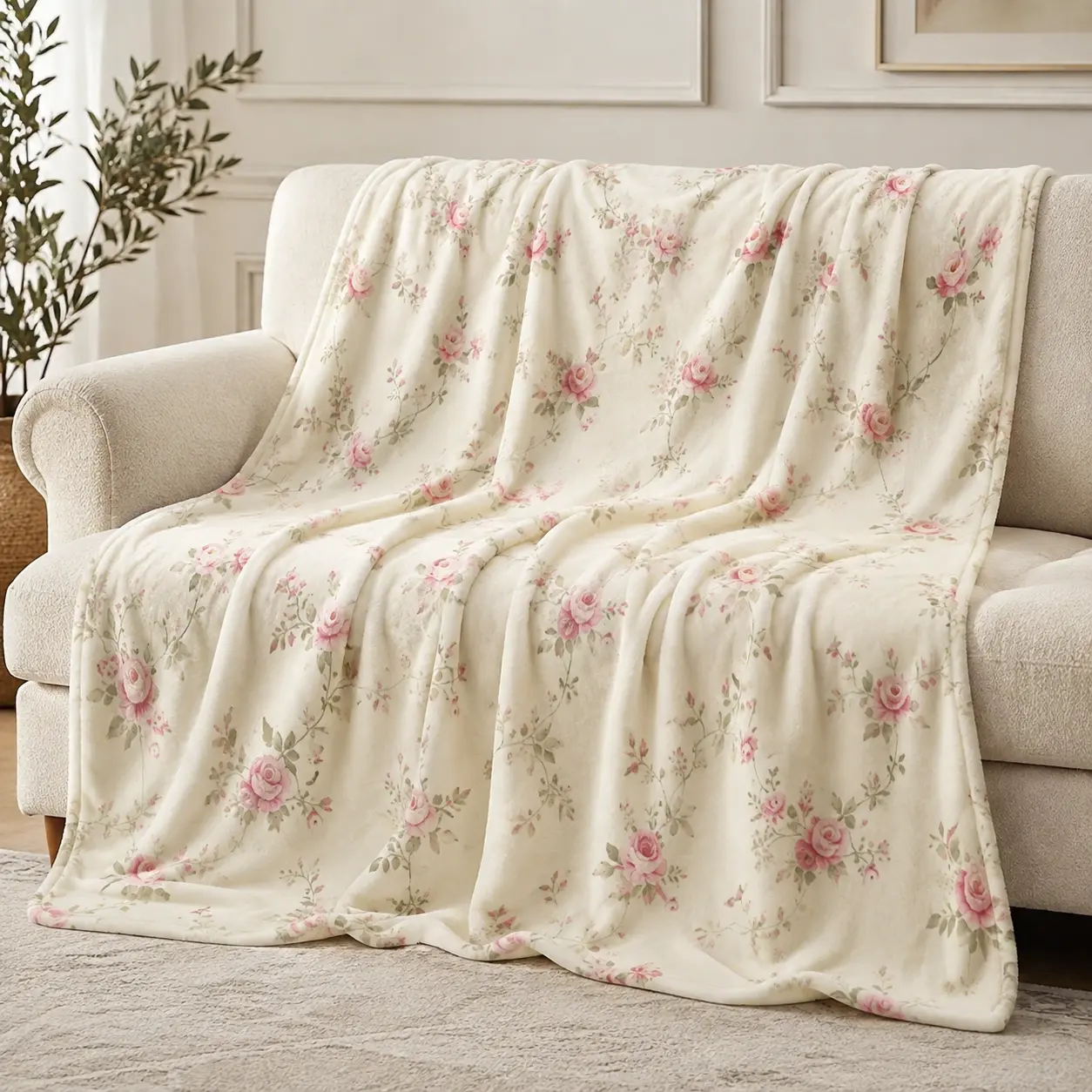 Vintage Pink Rose Floral Flannel Blanket - Cream Background, Shabby Chic, Soft Cozy Warm Plush Throw - Ideal Gift for Flower Lovers, Cottagecore Bedroom Sofa Home Decor