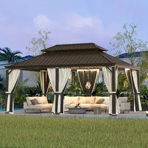 12' x 18' Hardtop Gazebo Faux Wood Grain Metal Gazebo with Aluminum Frame, Galvanized Steel Double Roof, Outdoor Patio Gazebo Pergolas with Netting and Curtains for Backyard, Patio, Lawns
