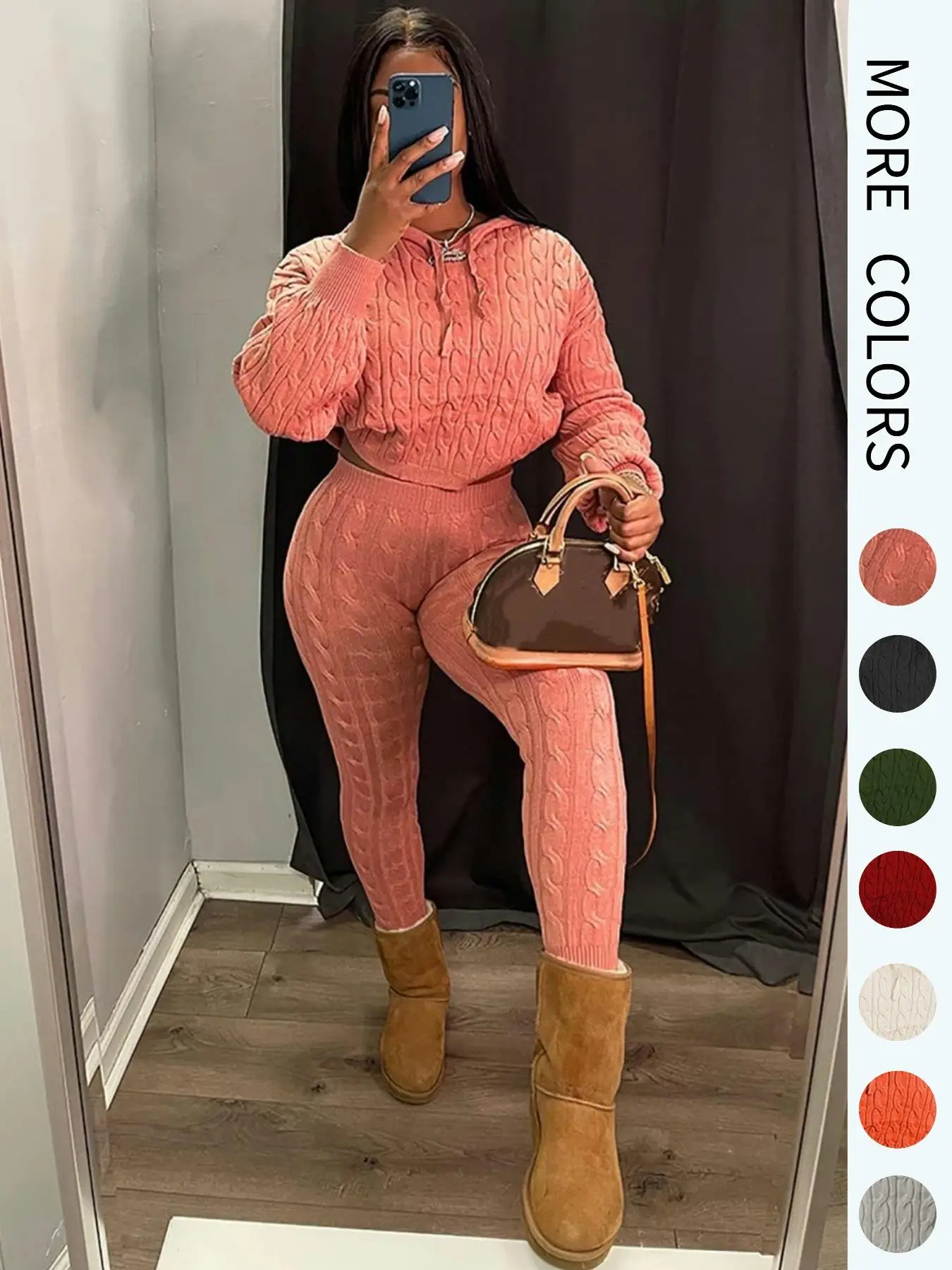 Women's Minimalist Textured Long Sleeve Crop Hooded Sweater & High Waist Skinny Pants Set, Casual Cozy Lady Knitwear Outfits Suits, Basic Womenswear