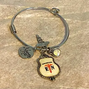 Registered Nurse Bangle Bracelet with RN Charm and Life Pendant