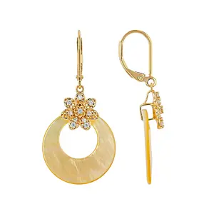 JTV Golden Mother-of-Pearl with White Cubic Zirconia 18K Yellow Gold Over Silver Earrings, 0.39ctw