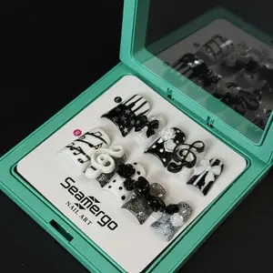 10PCS Coquette Piano Musical Note Duck Bill Press On Nails, Black White 3D Flower Reusable Fake Nails For Daily Party
