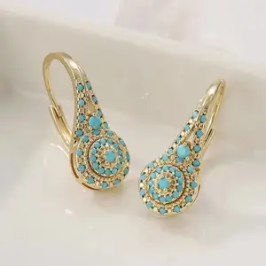 Women's KC Golden Plated Synthetic Turquoise Teardrop Dangle Earrings - Golden Radiance, Turquoise Cabochon, Elegant Statement Costume Jewelry with Intricate Detailing, Affordable Luxury for Everyday & Formal Events, Valentine's Gift, Golden Radiance Earr