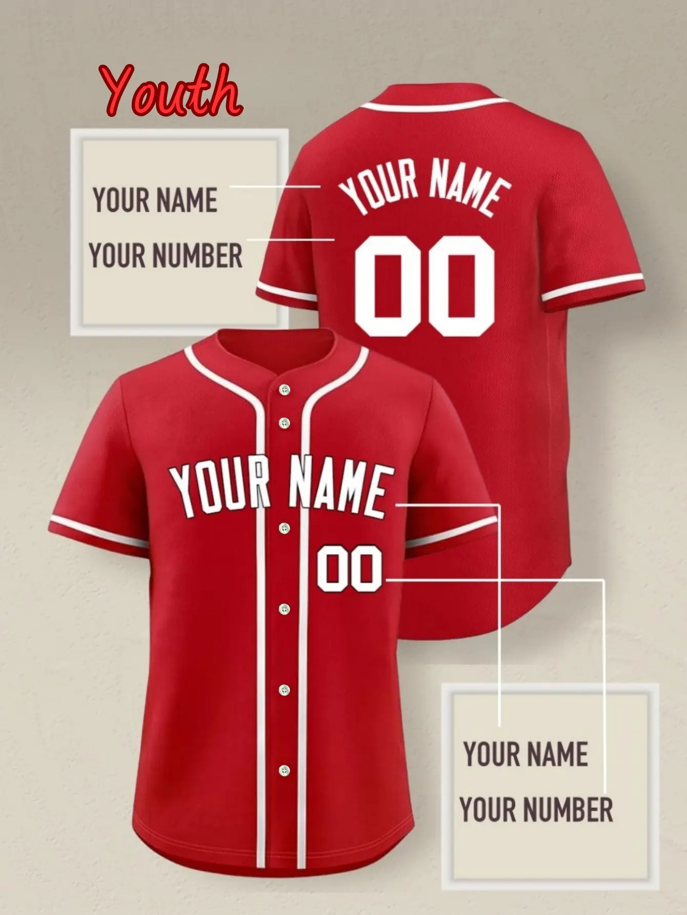 Red Baseball Jersey for Youth & Adults, Breathable Button Down Men's Jersey Style Top, Blank for Custom Team Uniforms & Personalized Gifts, Baseball & Softball