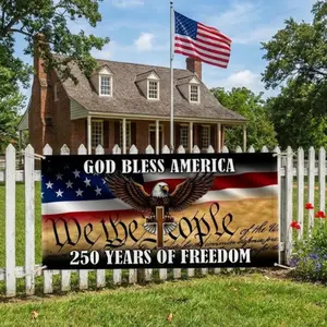 250 Years of Freedom Flag with God Bless America Patriotic Fence Banner, Semiquincentennial Patriotic Outdoor Banner, USA Independence Celebration Yard Banner, Vintage American Flag Decor Fence Sign For Garden Yard Patio