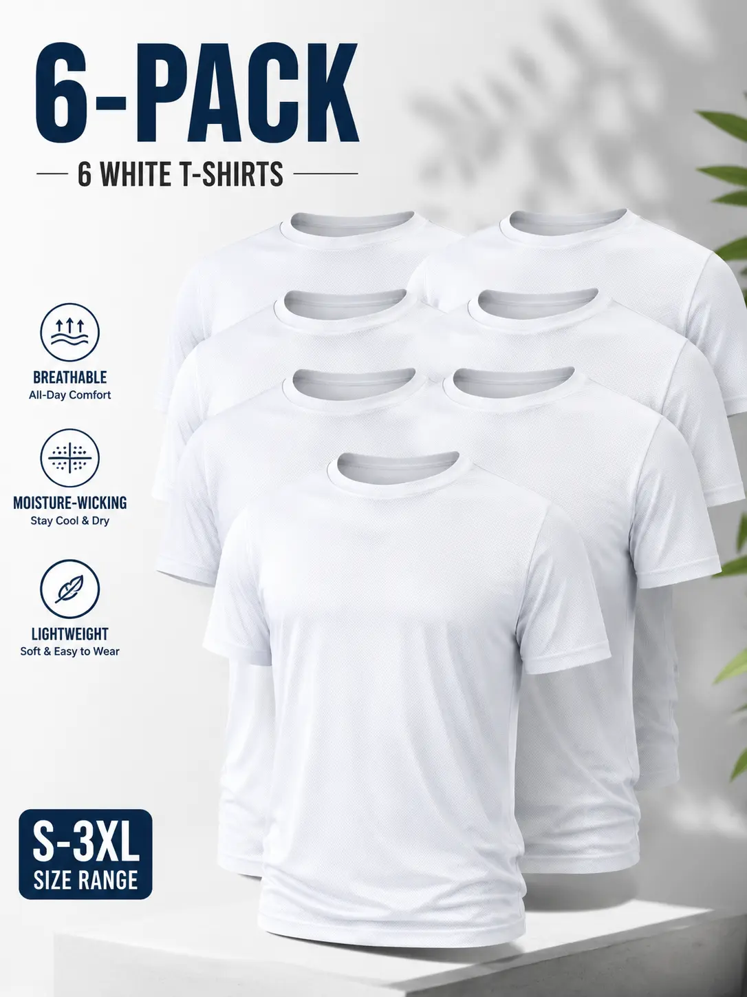 Men's Basic T Shirts 6 Pack, White Crew Neck Short Sleeve Tees, Breathable Quick Dry Polyester Shirts, Lightweight Comfortable Summer Tops, Athletic Workout Shirts for Gym Fitness Running Hiking Travel Daily Wear S-3XL