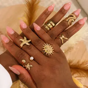 6pcs Multi-Piece Stackable Vintage Coin Rings Set Chunky Elegant Flower Geometric Knot Starfish Sun Faux Pearl Ruffle Irregular Texture Hollow Circle Heart Beaded Multi-Layer Metal Minimalist Plain Band Rings Fashion Elegant Vintage Soph