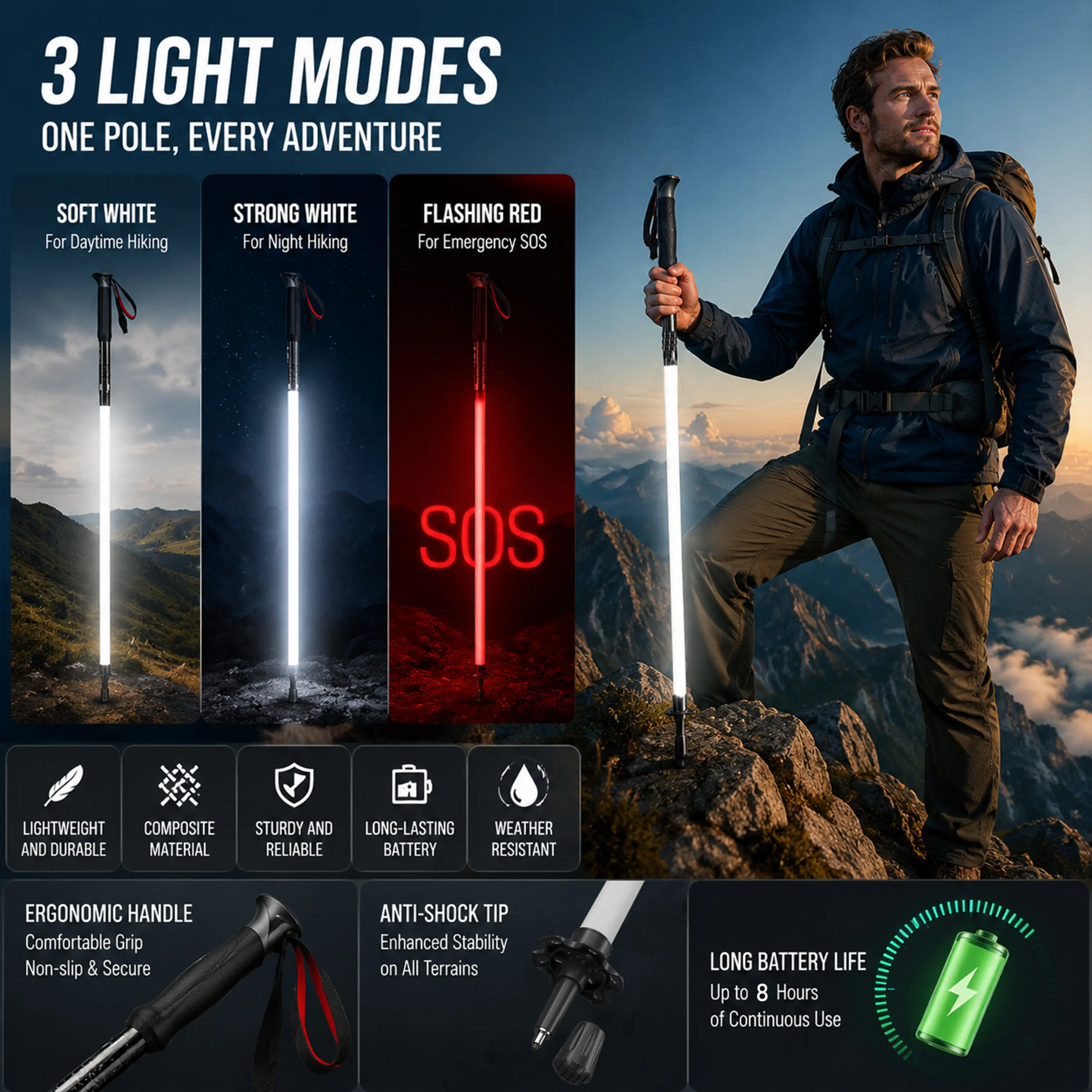 3 Light Modes Trekking Poles for Night Hiking, USB-C Rechargeable, 7H Battery, 102cm, 150-180cm Height, IP55 Waterproof, EVA Handle, CNC Aluminum Shaft, Replaceable Tip, Mud/Snow Baskets Included