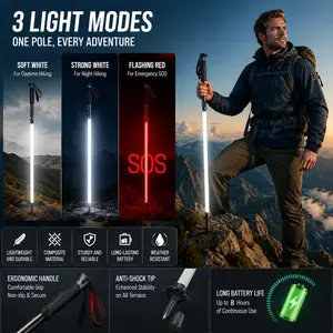 3 Light Modes Trekking Poles for Night Hiking, USB-C Rechargeable, 7H Battery, 102cm, 150-180cm Height, IP55 Waterproof, EVA Handle, CNC Aluminum Shaft, Replaceable Tip, Mud/Snow Baskets Included