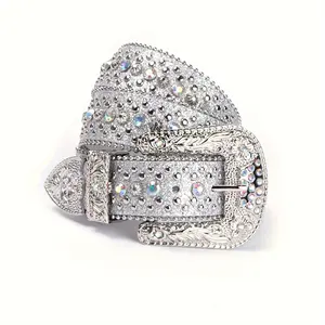 Rhinestone Belt Western Denim Cowgirl Shining Crystal Artificial Studded Luxury Shoulder Strap for Men Women Silver Tone Alloy Buckle Ideal Gifts hatpins
