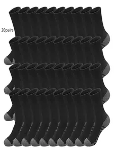 20 pairs of men's solid color crew neck socks, breathable, comfortable, soft, casual, and simple style, suitable for everyday wear, sports, running, and mid-calf socks.