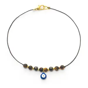 Evil Eye Anklet with hematite and tiger eye, evil eye charm, black or red cord, gemstone anklet, minimalist jewelry, tiger eye anklet