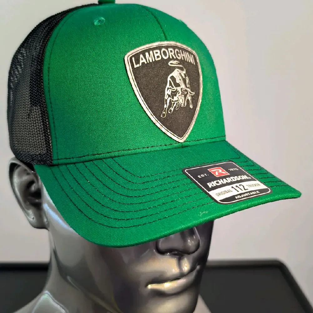 Lamborghini Inspired Laser Engraved Leather Patch Richardson 112 Hat - Exotic Supercar Trucker Cap  Black Snapback Hat for Car Enthusiasts