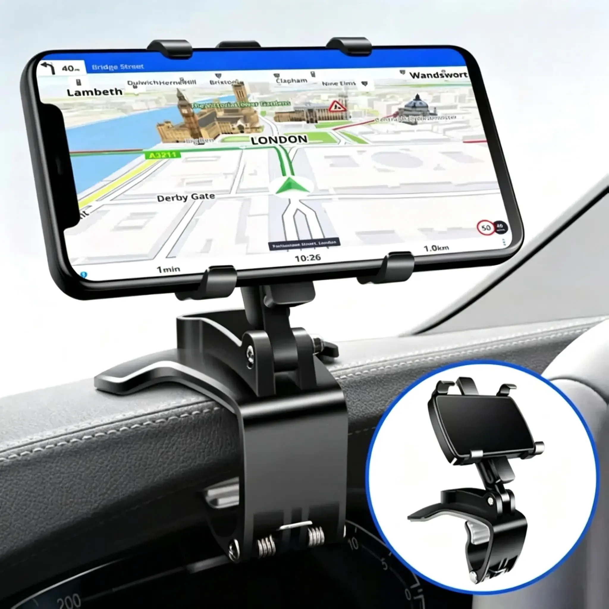 Car Phone Mount, ABS Cell Phone Holder for Car, 1400 Degree Rotation Dashboard Cell Phone Holder, Mobile Clip Stand for 3 to 7 inches Smartphones, Auto Phone Holder Mount for All Smartphone
