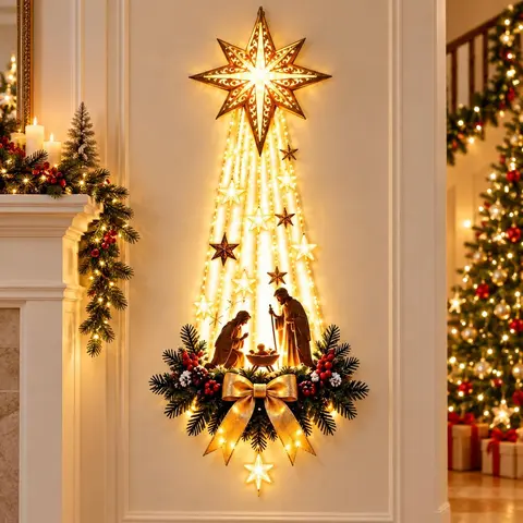 Bethlehem Star of Faith Lighted Nativity Wall Decor, LED Illuminated Christmas Nativity Scene Wall Art, Religious Holiday Wall Hanging for Home Living Room Church Decor