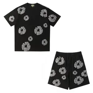 2025 Summer New Denim Tears Men's Women's Same Kapok Foam Printing Y2K Short-sleeved T-shirt Shorts Set Plus Size Floral Short  Breathable Quick-Drying Trendy Oversize Casual