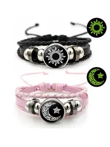 Adjustable Luminous Sun and Moon Matching Bracelets Set, Wild Leather Couple Gift Set for Men and Women