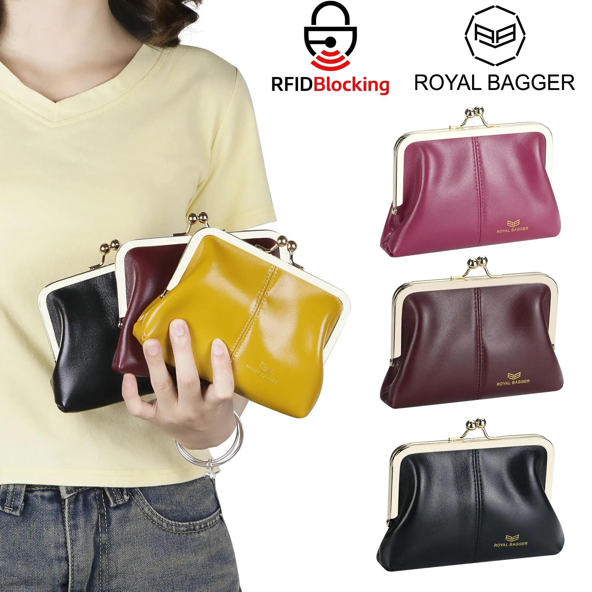 Royal Bagger Women's Vintage Genuine Leather Wallet, RFID Shielded Credit Card Holder with Kisslock Leather Coin Purse, Exquisite Cardholder, Multi Functional Wallet