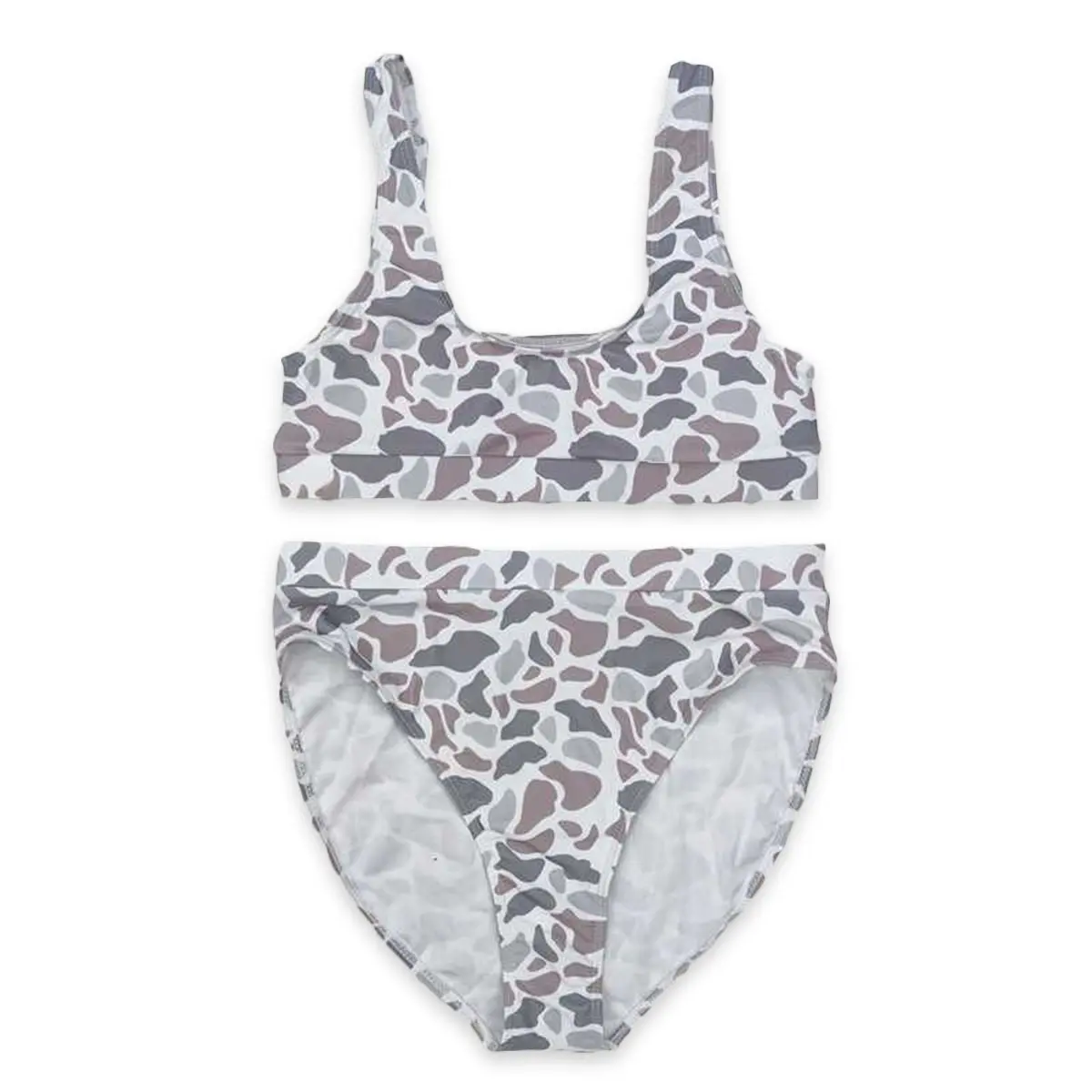 Girls' 2-Piece High Waisted Grey Woodland Camo Sleeveless Cotton Fitted Bikini Swimsuit Set, Bikini Top Shorts Combo, Kids' Fashion Swimwear Sizes S-XL, Woodland Camo Bikini