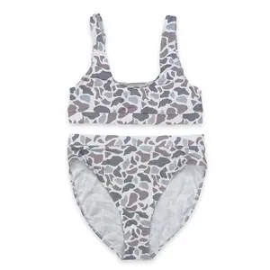 Girls' 2-Piece High Waisted Grey Woodland Camo Sleeveless Cotton Fitted Bikini Swimsuit Set, Bikini Top Shorts Combo, Kids' Fashion Swimwear Sizes S-XL, Woodland Camo Bikini